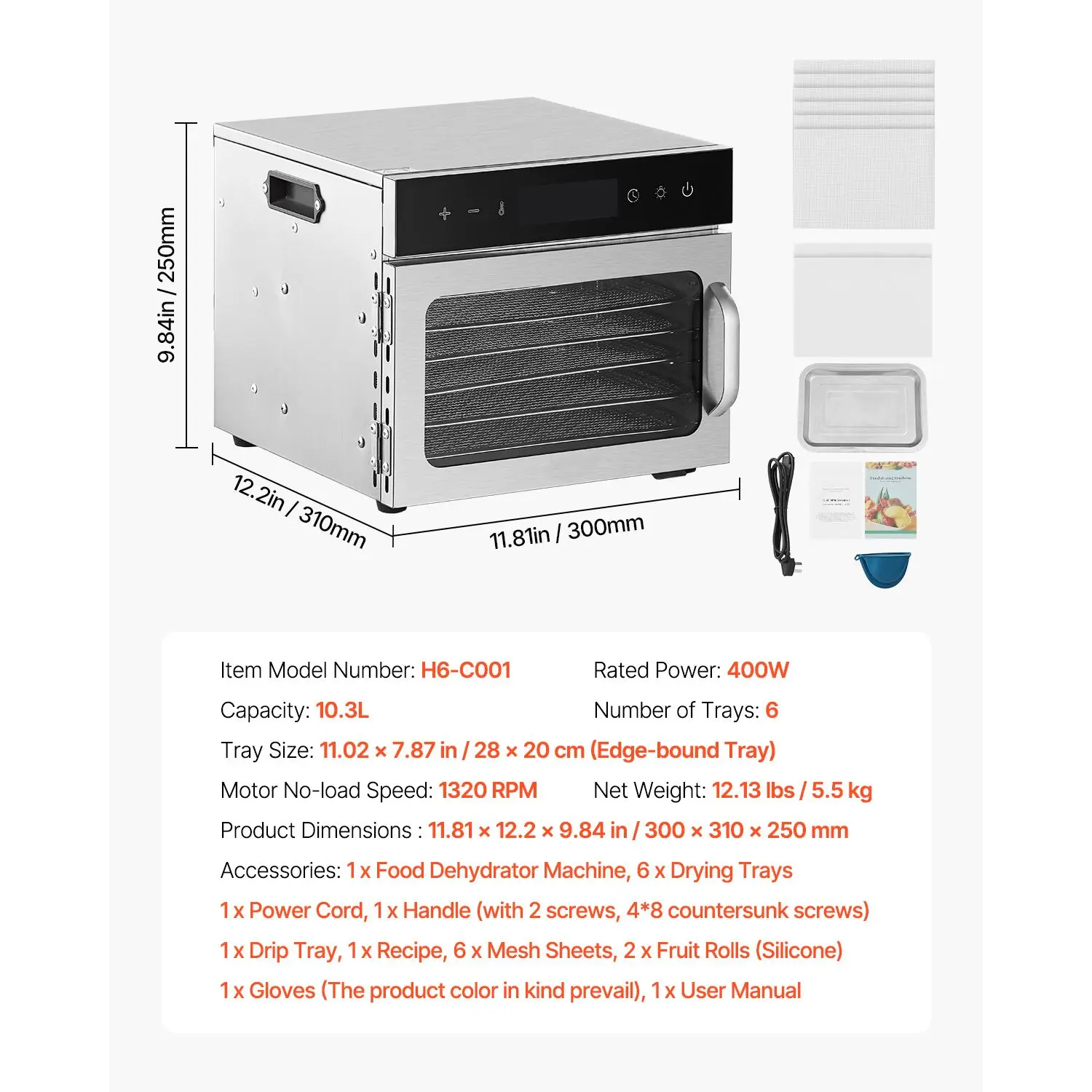 Dehydrator Tray Electric - Сушилка для продуктов, 6 лотков из